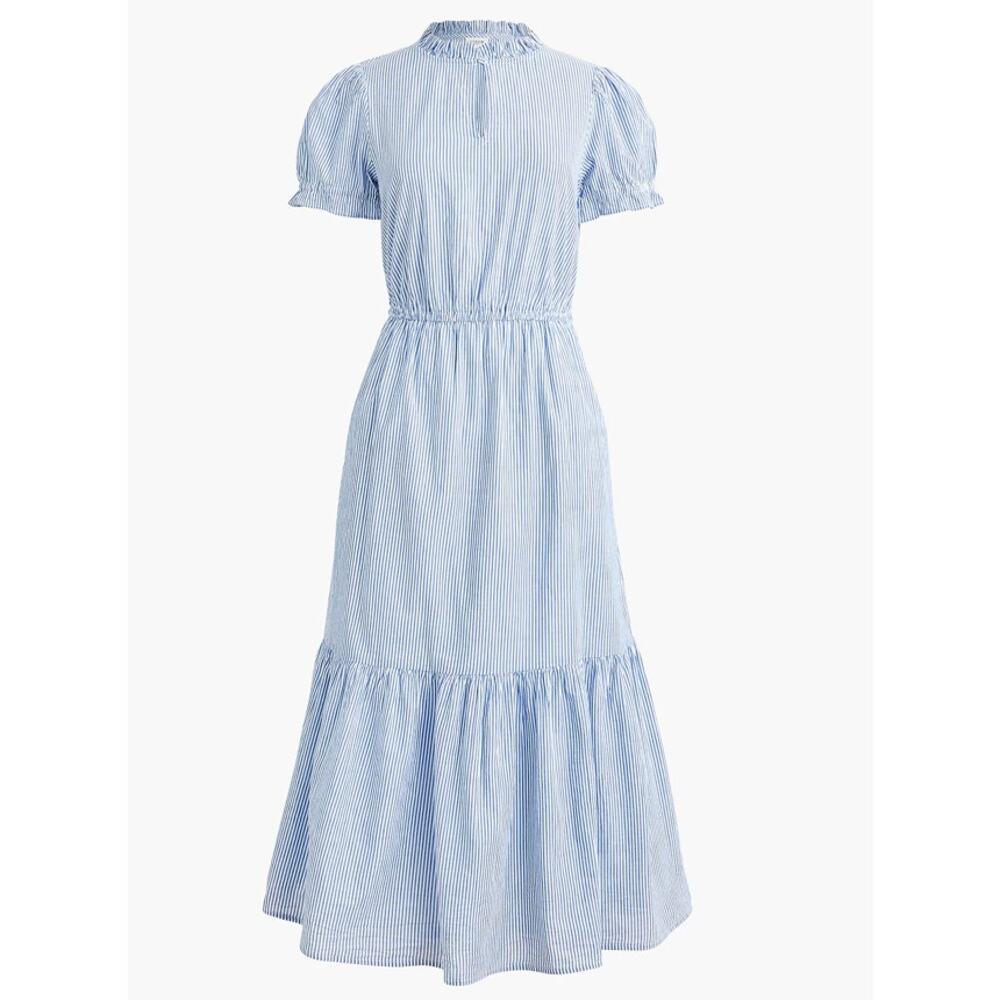 J.Crew Midi Dress SZ 00 Blue White Striped Ruffle Neck Puff Sleeve Elastic Waist